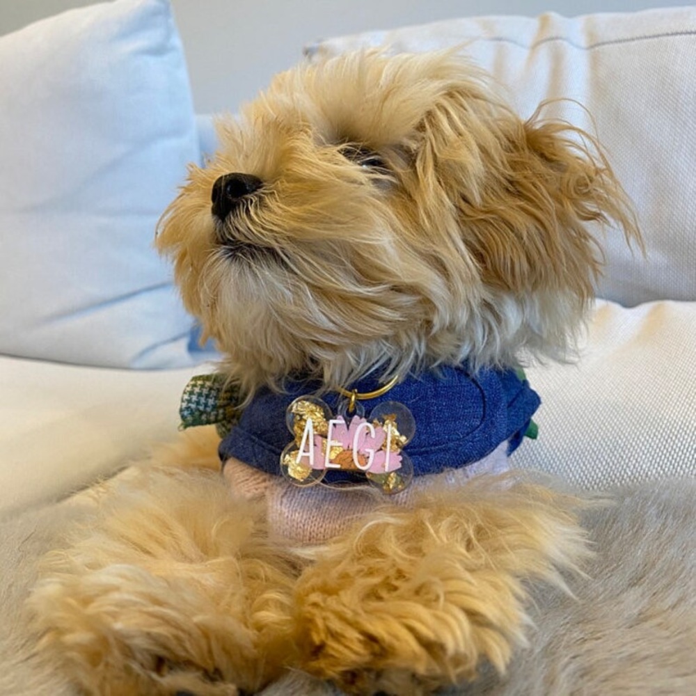 Custom Personalized dog tag with flowers and gold